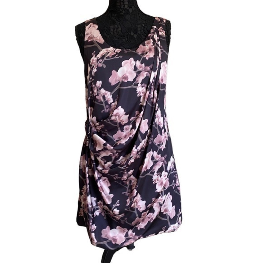 H&M Black Pink Rose Floral Printed Wrap Satin Sleeveless Mini Drop Waist…